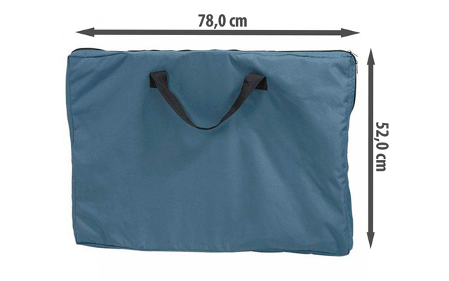 Blaues rechteckiges Softbag mit zwei schwarzen Griffen und sichtbarem Reißverschluss an der rechten Kante; Pfeile und Beschriftungen zeigen Breite 78,0 cm und Höhe 52,0 cm