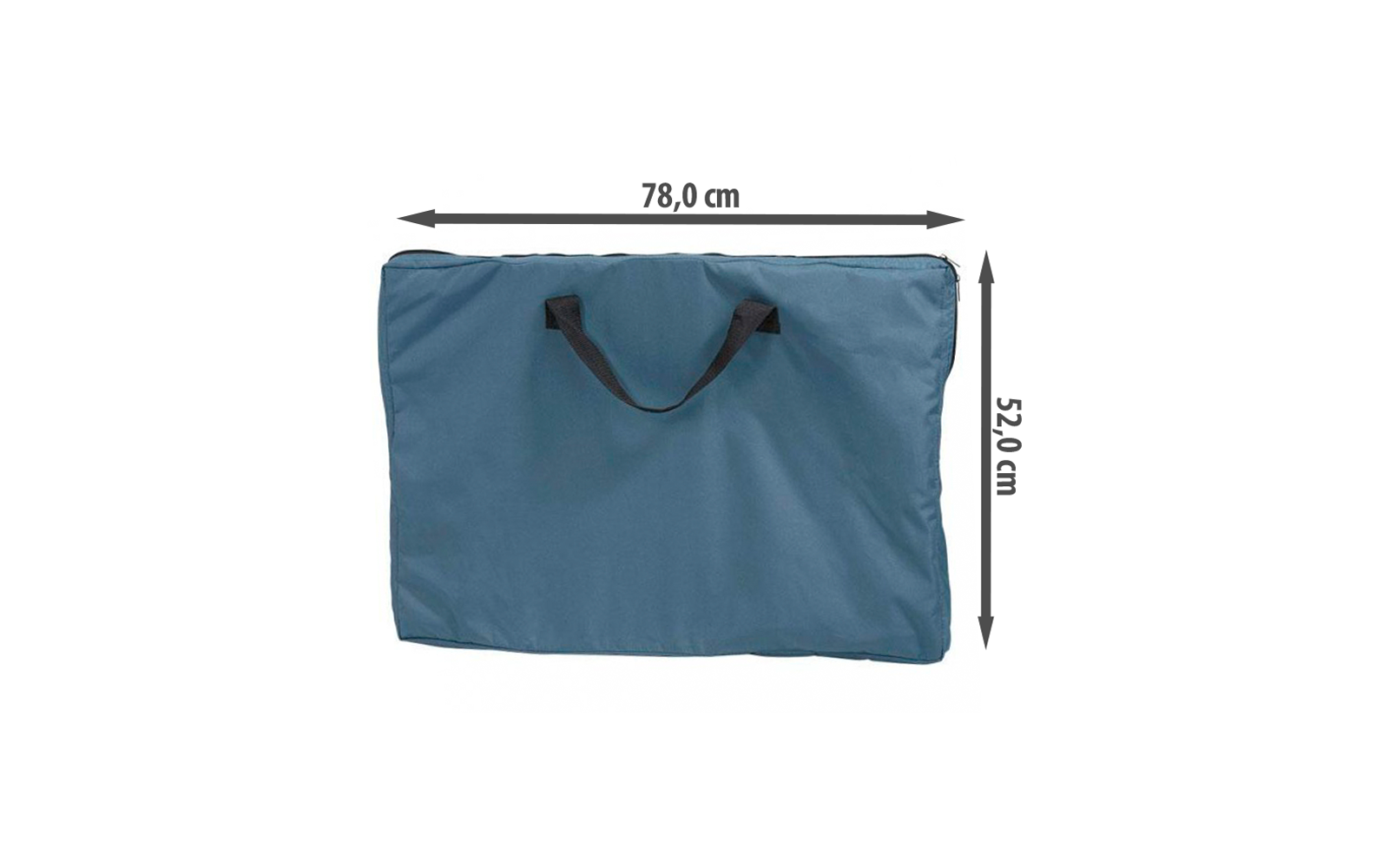 Blaues rechteckiges Softbag mit zwei schwarzen Griffen und sichtbarem Reißverschluss an der rechten Kante; Pfeile und Beschriftungen zeigen Breite 78,0 cm und Höhe 52,0 cm