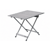 Tavolo in metallo grigio con piano a doghe e gambe metalliche incrociate