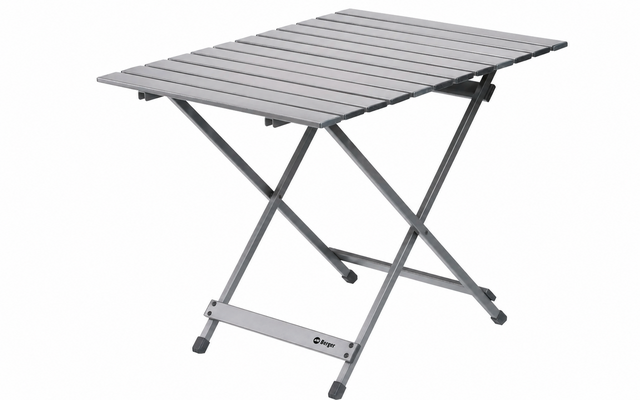 Tavolo in metallo grigio con piano a doghe e gambe metalliche incrociate