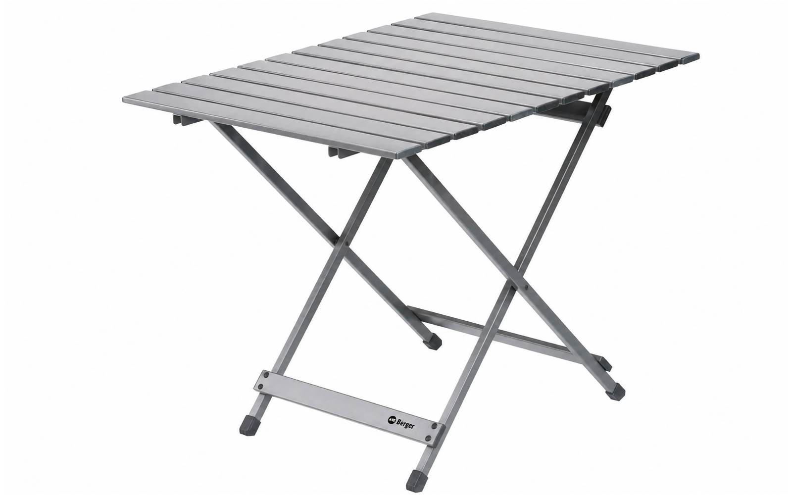 Tavolo in metallo grigio con piano a doghe e gambe metalliche incrociate
