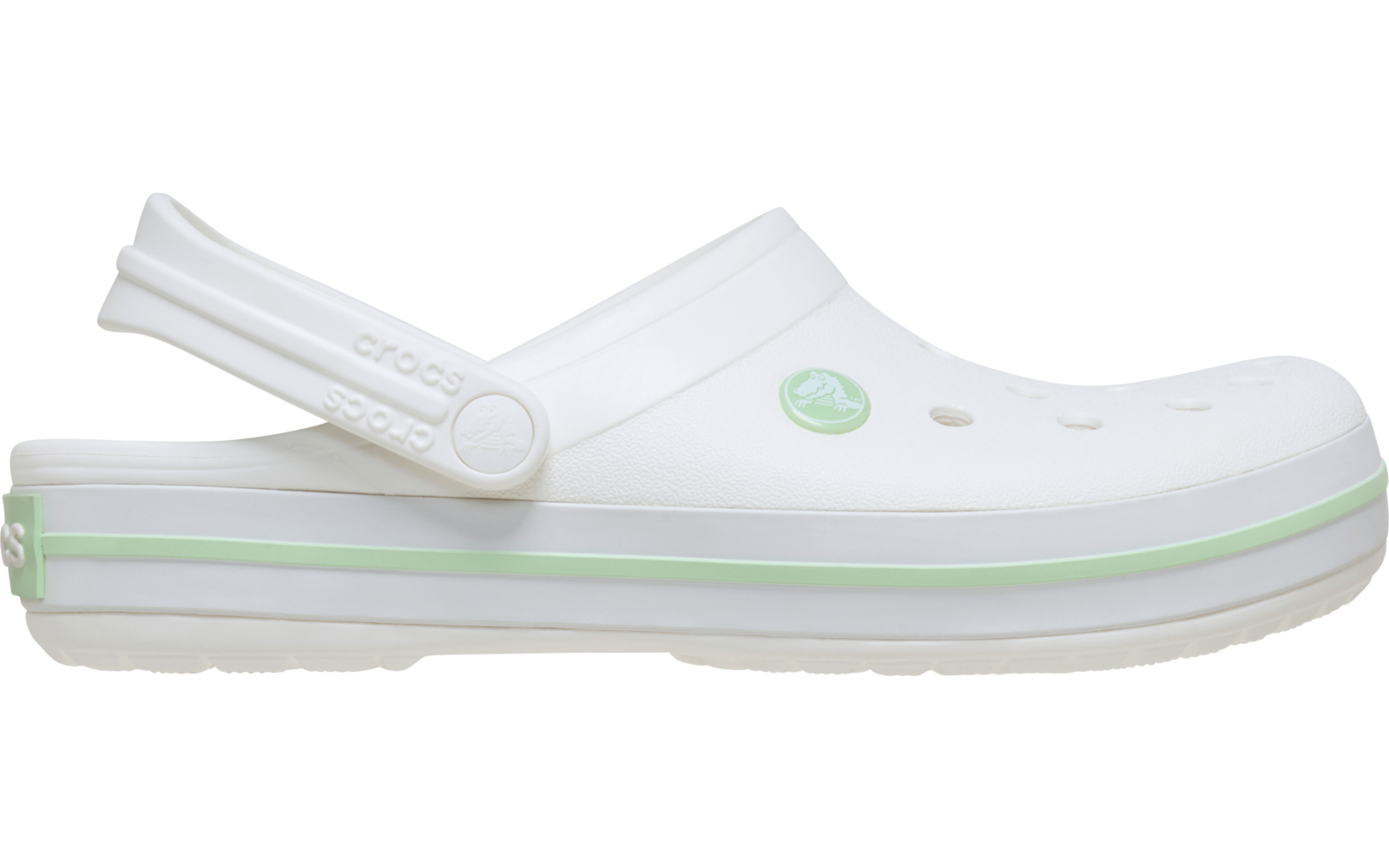 Witte clog met hielriem, ventilatiegaten bovenop, groene streep op de zool