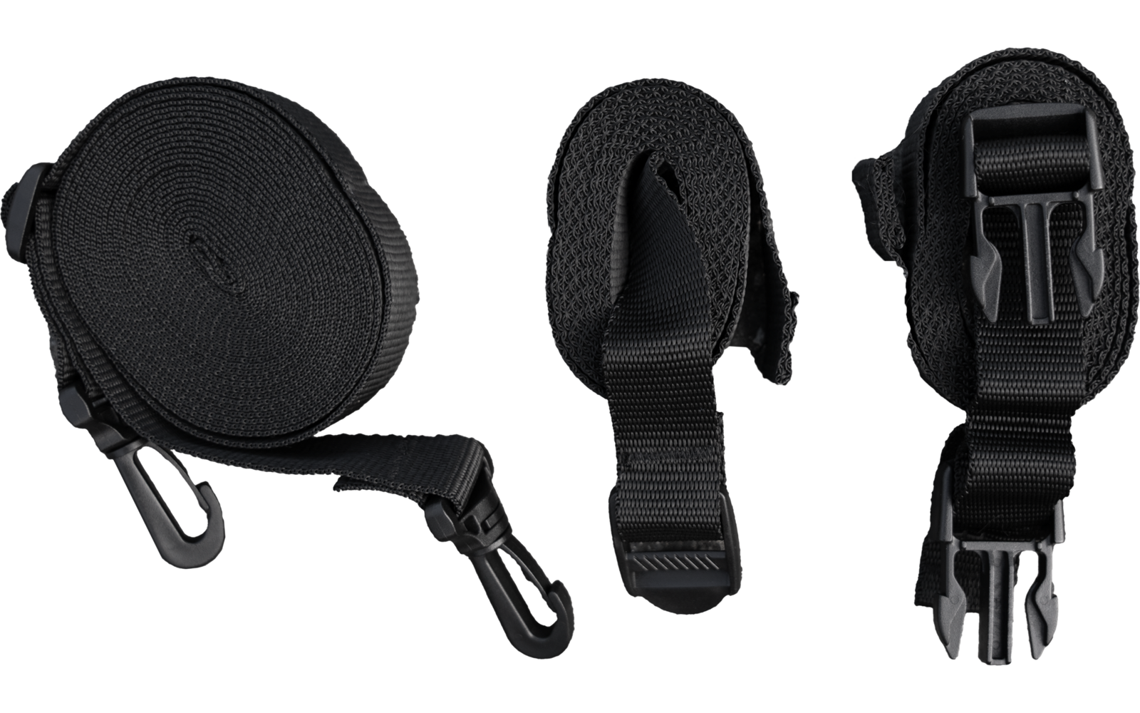 Three black textile straps, one rolled and two folded, with plastic buckles and hooks