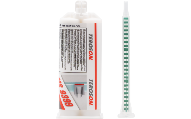 Weiße Doppelkammer-Kartusche mit Etikett und rotem Schriftzug TEROSON, daneben lange weiße Mischdüse mit sichtbaren grünen Mischsegmenten