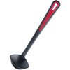 Schwarzer Schöpflöffel mit rundem Löffelkopf und langem Griff mit rotem Akzent und Aufhängeloch