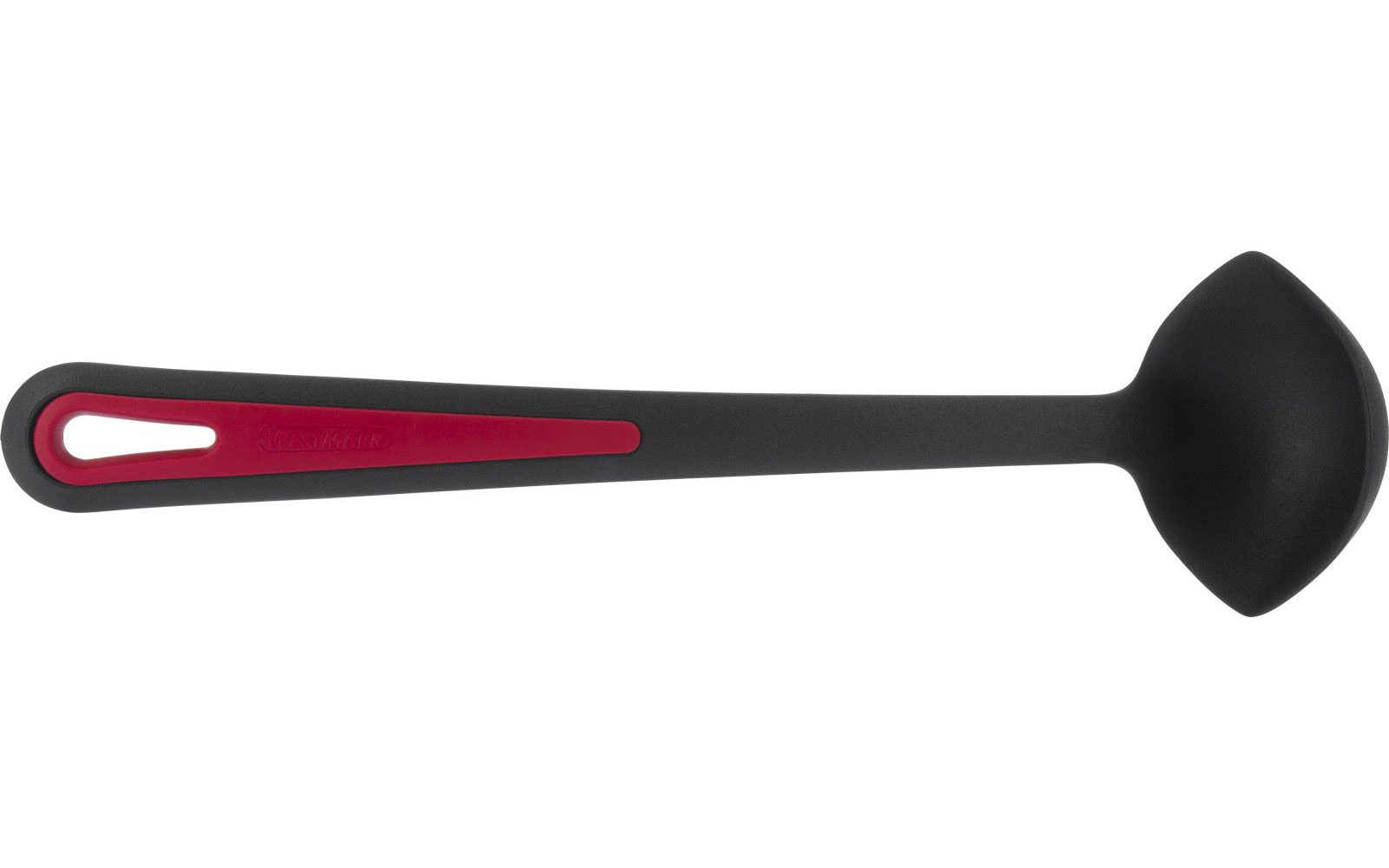 Schwarze Suppenkelle mit rundem, tiefem Schöpflöffel und langem Griff mit rotem Streifen und Aufhängeloch