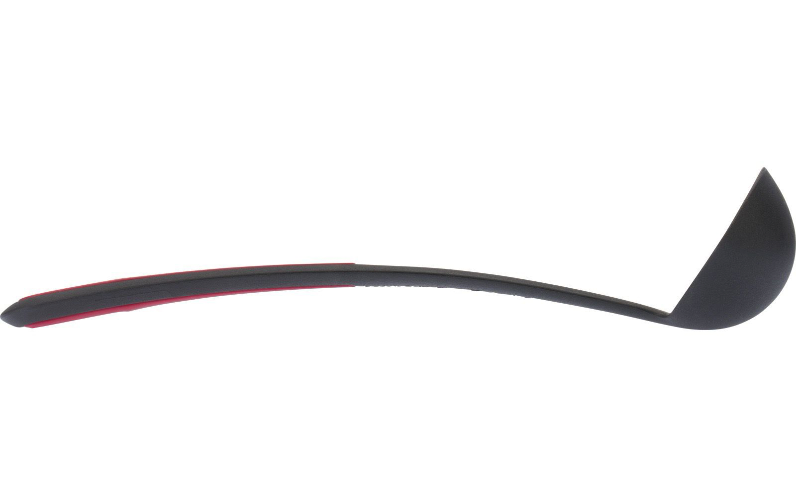 Schwarzer Schöpflöffel mit langem, gebogenem Griff und rotem Streifen, weißer Hintergrund