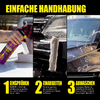 Drei Bilder zeigen die Anwendung eines Sprays zur Reinigung oder Entfernung von Schmutz an einem Auto