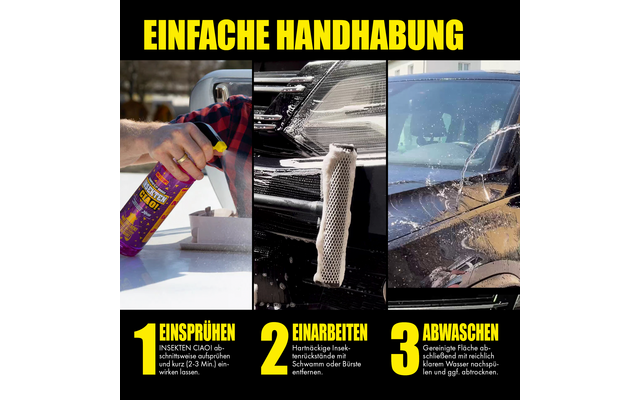 Drei Bilder zeigen die Anwendung eines Sprays zur Reinigung oder Entfernung von Schmutz an einem Auto