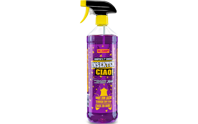 Sprühflasche mit lila Flüssigkeit und gelbem Sprühkopf, Insektenspray mit Aufschrift 'CIAO'