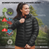 Femme souriante portant une doudoune noire à capuche avec logo Columbia visible, main près de la fermeture éclair; montagnes et arbres en arrière-plan; texte produit et icônes à gauche