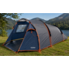 Tenda blu scuro con dettagli arancioni e logo 'TAMBU' su un prato vicino a un lago, montagne sullo sfondo