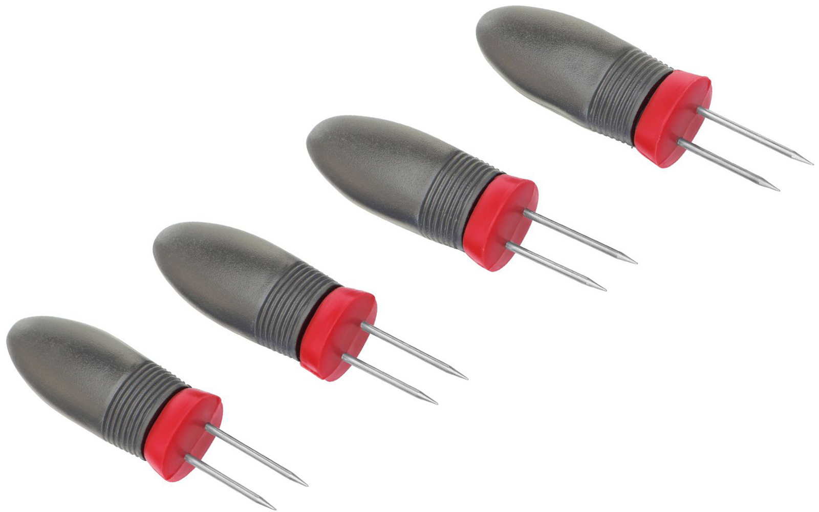 Quatre petites poignées ovales grises avec un anneau rouge et deux pointes métalliques chacune, disposées en diagonale sur fond blanc