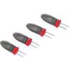 Quatre petites poignées ovales grises avec un anneau rouge et deux pointes métalliques chacune, disposées en diagonale sur fond blanc