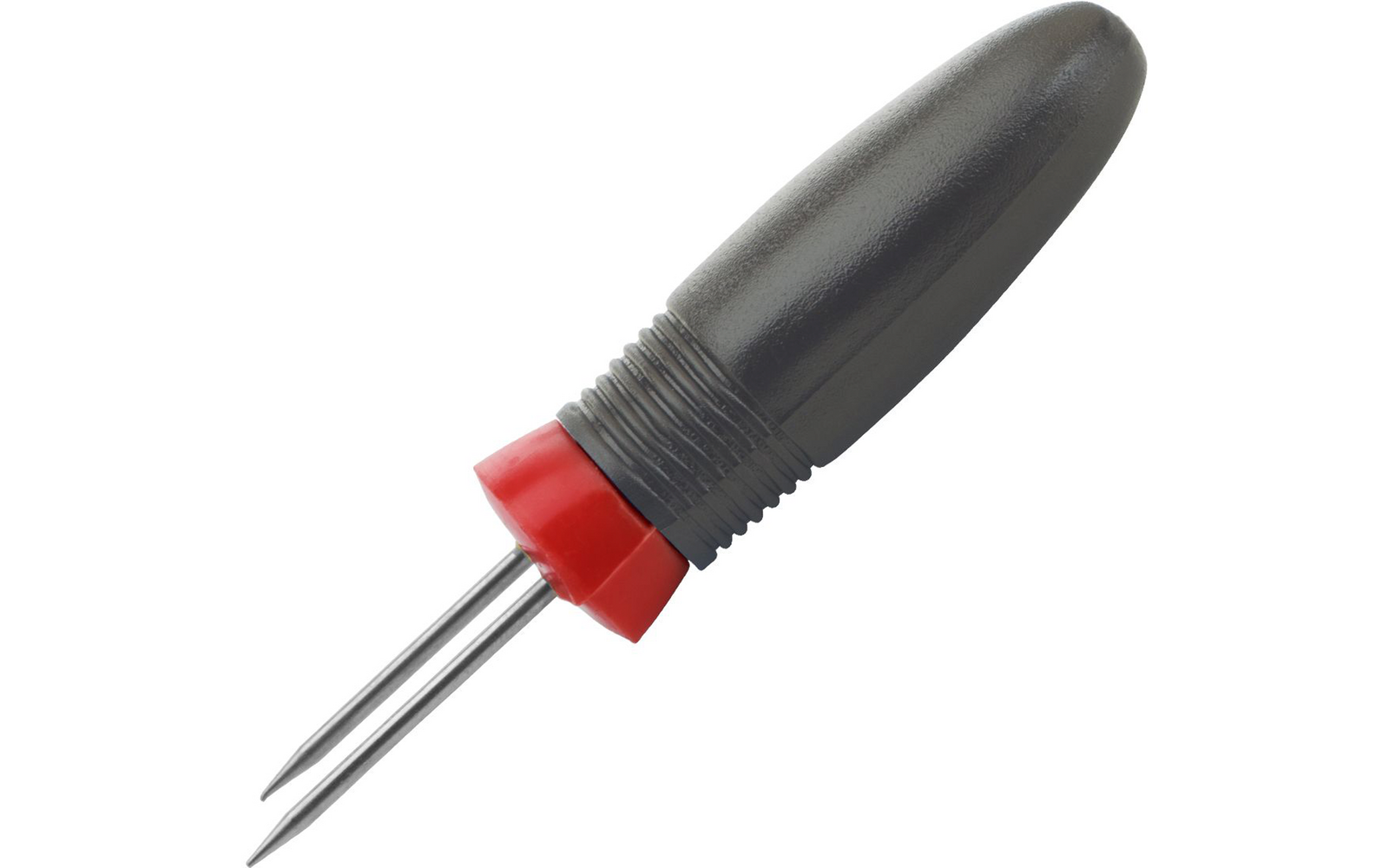 Poignée grise avec zone de transition rainurée et anneau rouge, deux pointes métalliques parallèles sur fond blanc