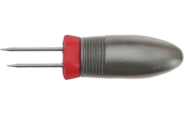 Manche métallique avec section rainurée, deux pointes métalliques et anneau en plastique rouge