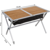 Petite table pliante avec plateau en bois et cadre métallique, dimensions indiquées