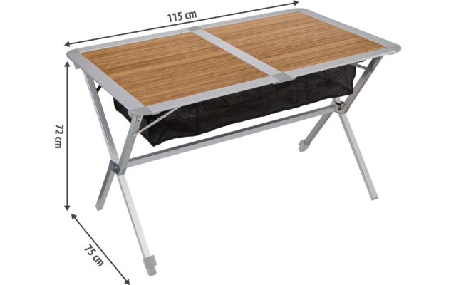 Petite table pliante avec plateau en bois et cadre métallique, dimensions indiquées