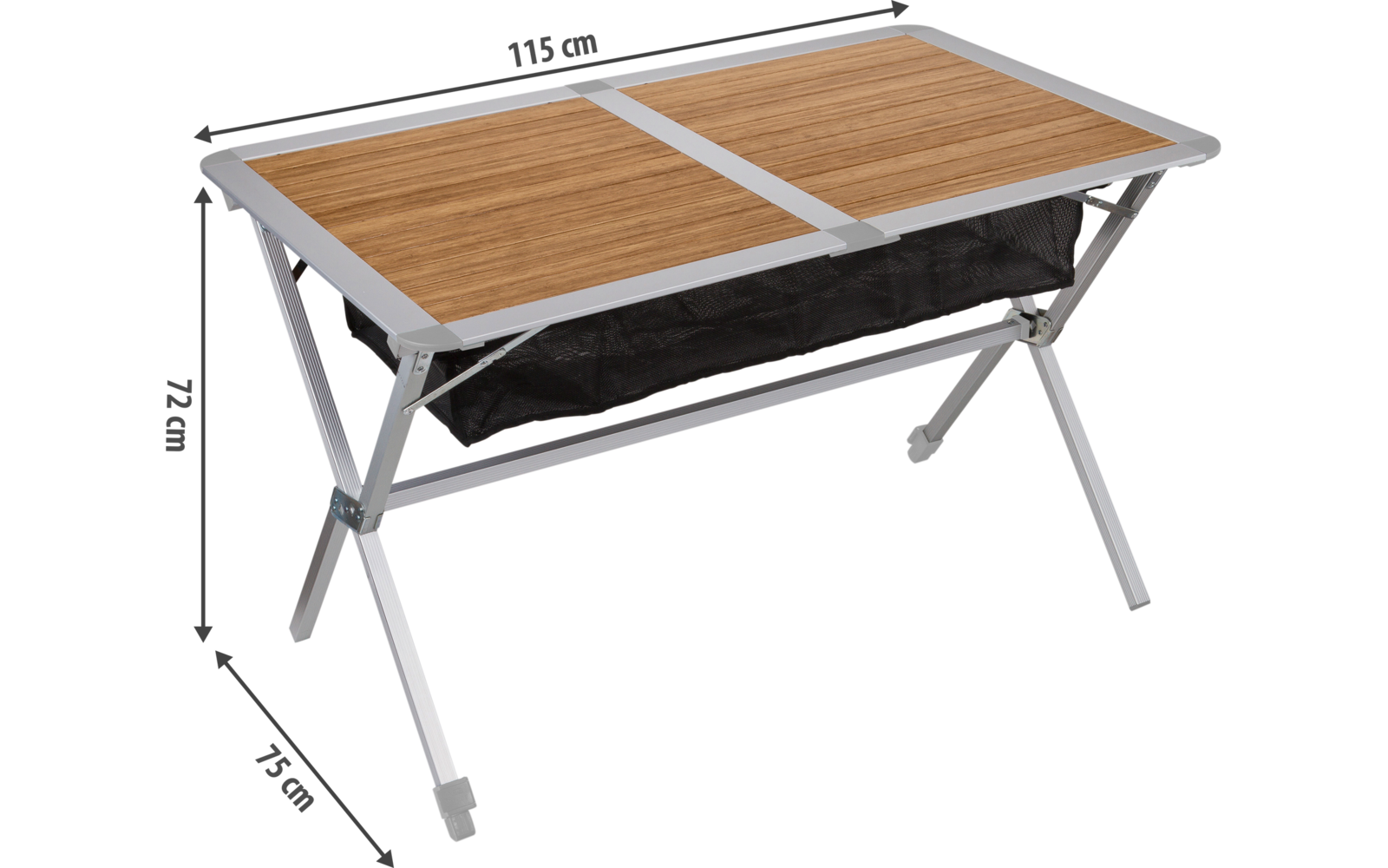 Petite table pliante avec plateau en bois et cadre métallique, dimensions indiquées