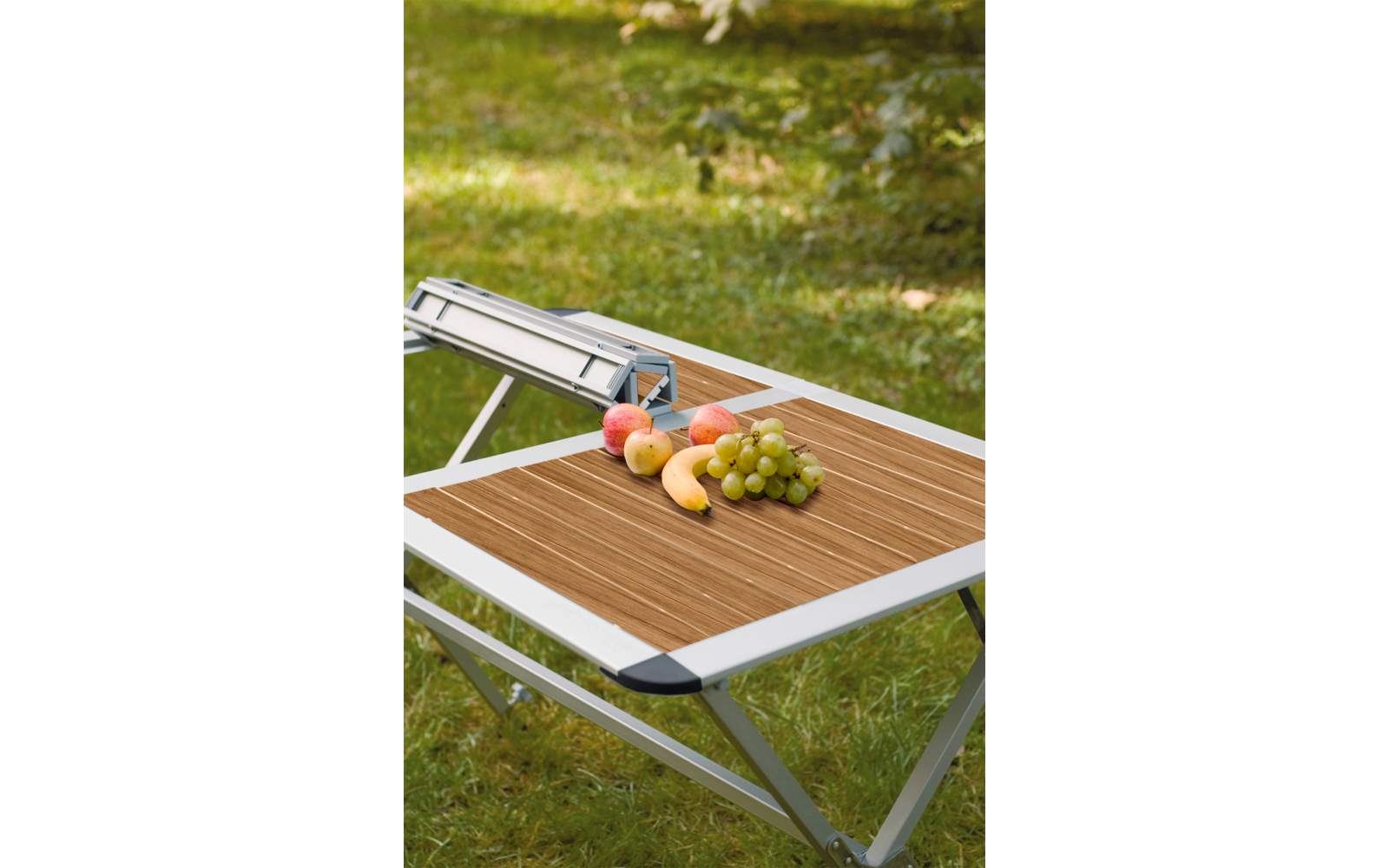 Tragbarer Grill mit Obst auf einem Klapptisch im Freien