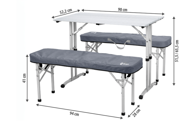 Table de massage pliante avec rembourrage gris foncé et cadre en aluminium, dimensions affichées