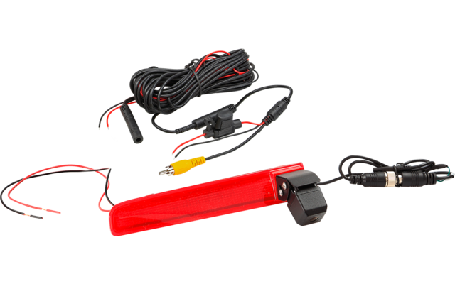 Rote rechteckige Lichtleiste mit schwarzer Halterung und angeschlossenen Kabeln, darunter aufgewickeltes Kabel, Krokodilklemmen und ein Stecker