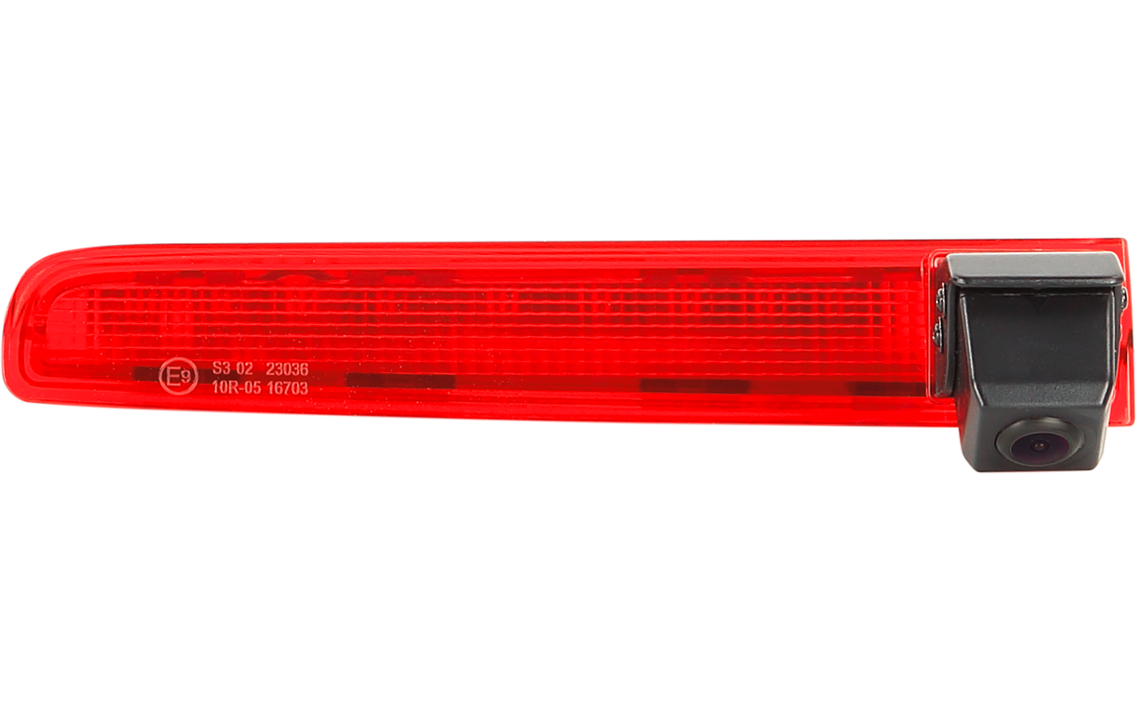 Langer roter rechteckiger Kunststoffstreifen mit geriffelter Oberfläche und schwarzem Gehäuse mit kleiner runder Linse am rechten Ende