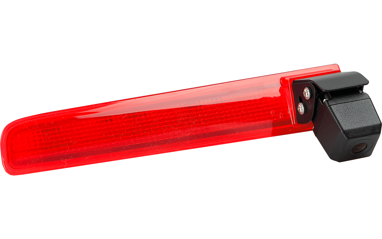 Rotes, längliches rechteckiges Lichtgehäuse aus transluzentem Kunststoff mit schwarzem Befestigungsstück und sichtbarer Schraube