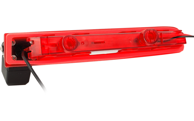 Rotes rechteckiges Lichtgehäuse mit zwei runden Leuchtstellen, schwarzer Halterung und schwarzem Kabel