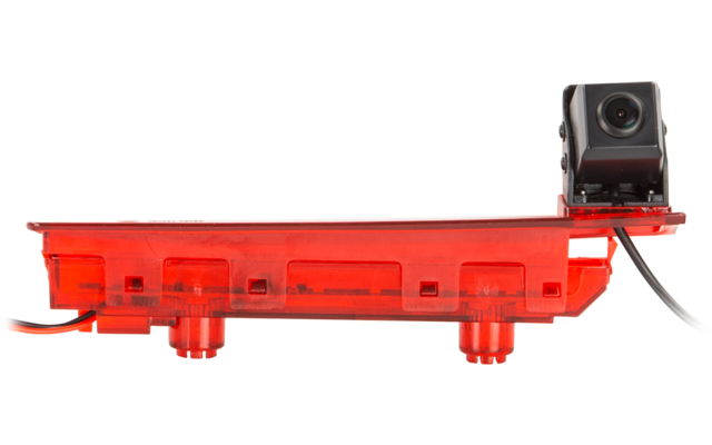 Rotes, durchsichtiges Kunststoffgehäuse mit drei runden Befestigungsfüßen; oben rechts eine kleine schwarze Kamera mit Kabel