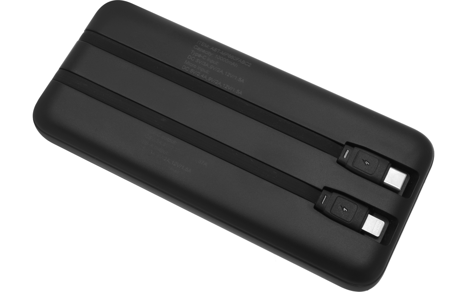 Schwarzes rechteckiges Gerät mit abgerundeten Ecken und zwei flachen integrierten Kabeln mit Steckern oben