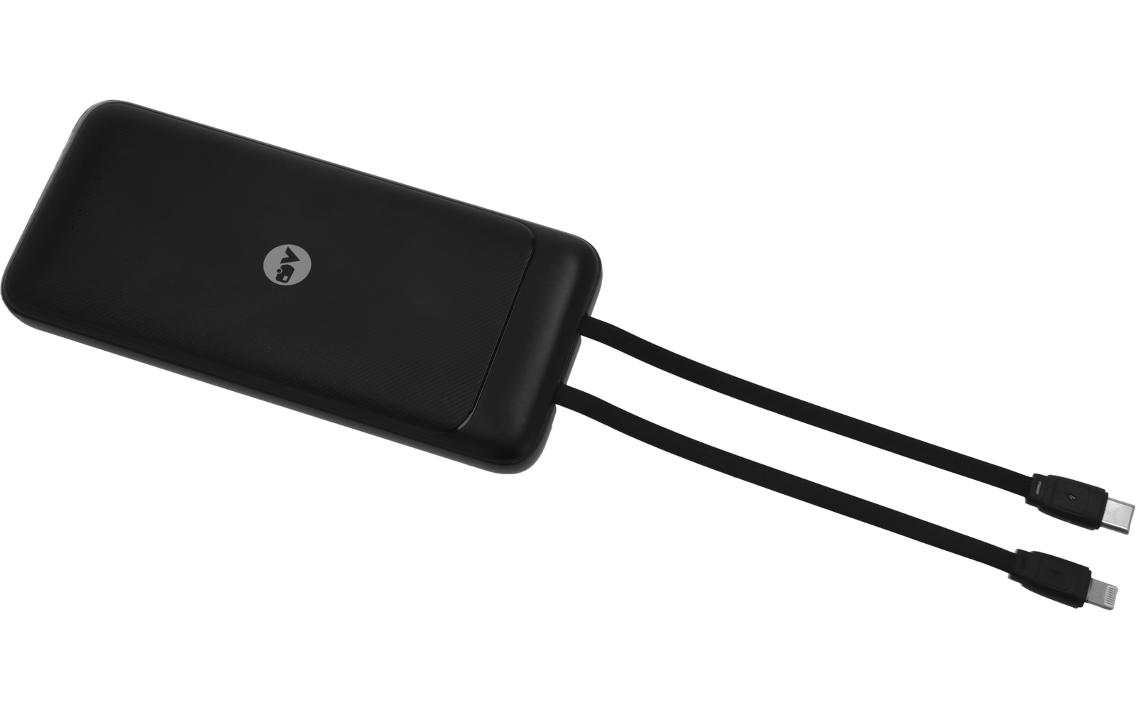 Schwarze rechteckige Powerbank mit zwei angefügten Ladekabeln und sichtbaren Steckern