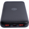 Black rectangular device with rounded corners and textured surface; top shows a circular logo; on one narrow side two red USB-A ports, a small centered USB-C port labeled IN/OUT, and three small LED lights
