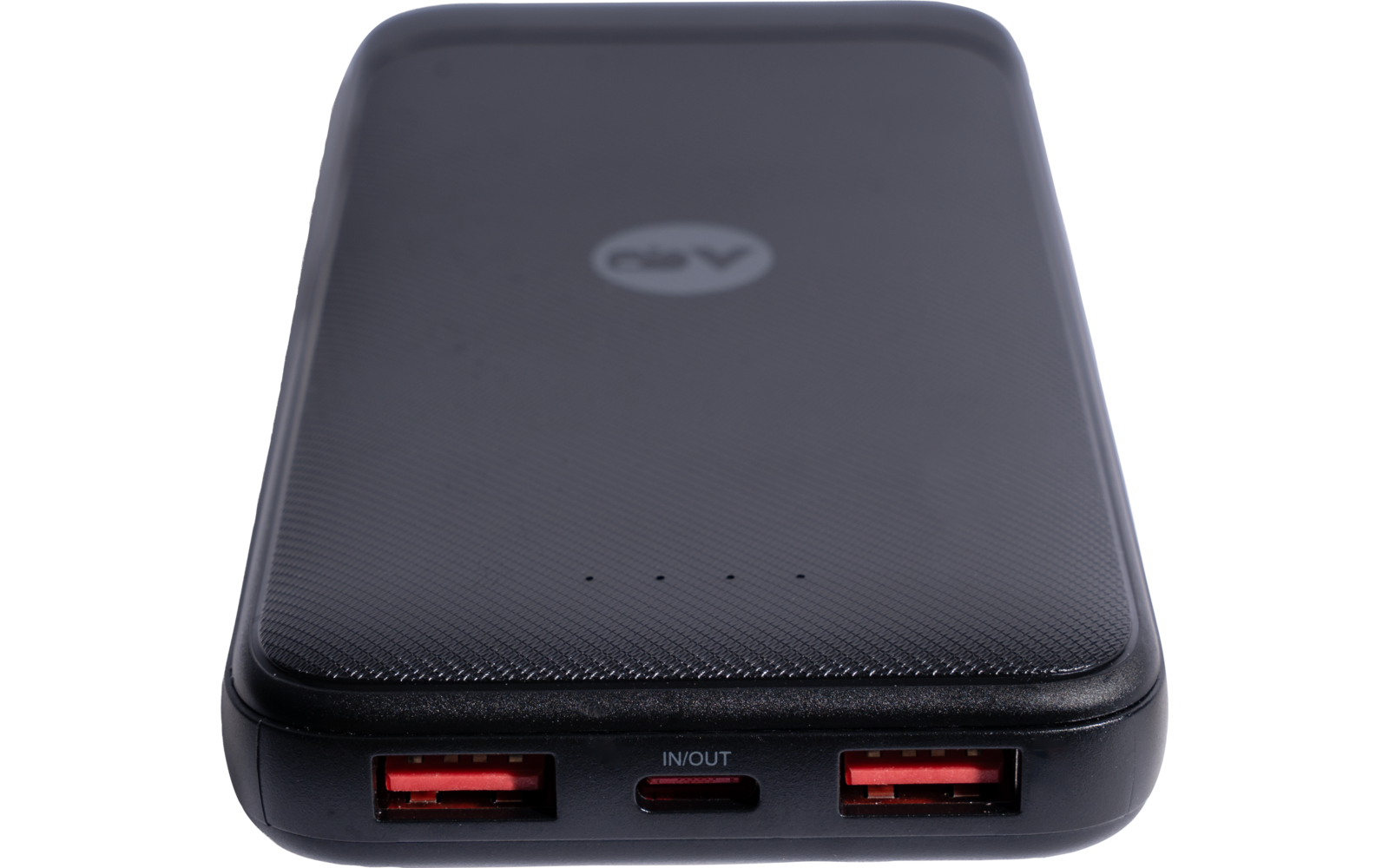 Black rectangular device with rounded corners and textured surface; top shows a circular logo; on one narrow side two red USB-A ports, a small centered USB-C port labeled IN/OUT, and three small LED lights