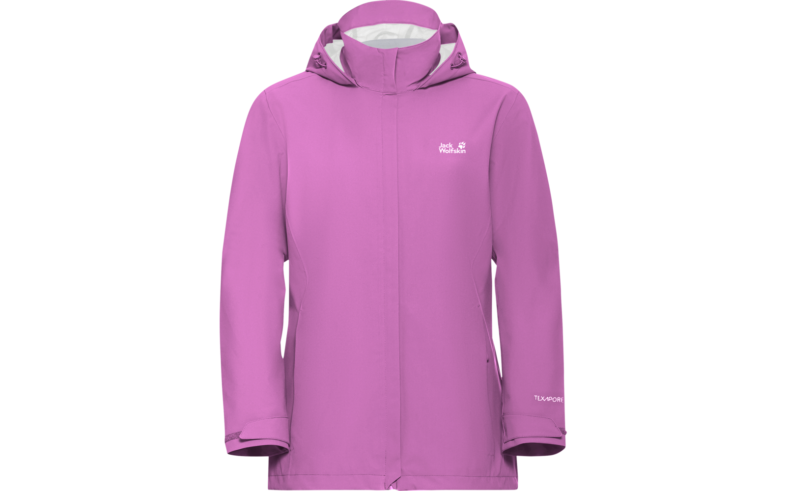 Rosa-lilafarbene Kapuzenregenjacke, Vorderansicht, verdeckter Reißverschluss, Markenlogo auf linker Brust