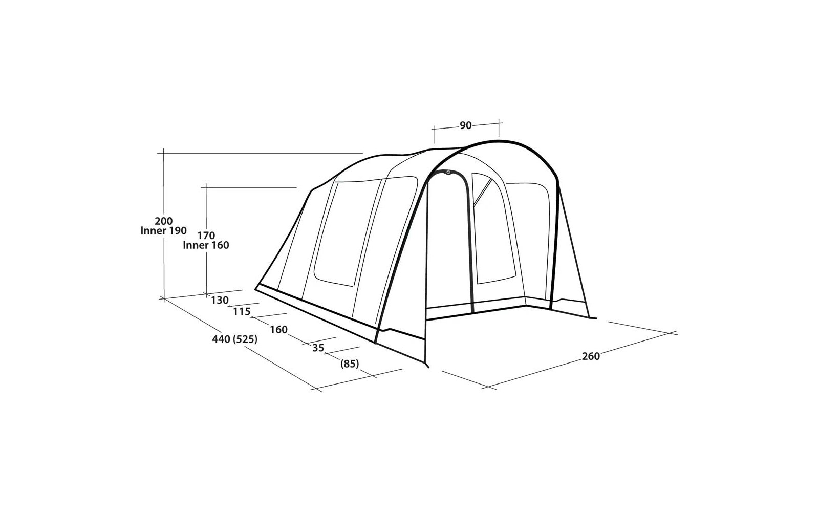 Black-and-white technical drawing of a tent with an arched frame, open front entrance, two side windows, and measurement lines with numbers