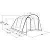 Black-and-white technical drawing of a tent with an arched frame, open front entrance, two side windows, and measurement lines with numbers