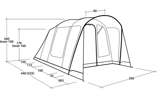 Black-and-white technical drawing of a tent with an arched frame, open front entrance, two side windows, and measurement lines with numbers