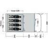 Top view of a vehicle cargo area with four lying human silhouettes and numeric dimension labels