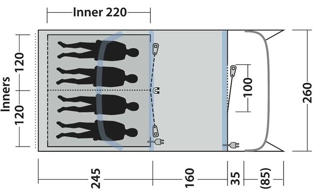 Top view of a vehicle cargo area with four lying human silhouettes and numeric dimension labels