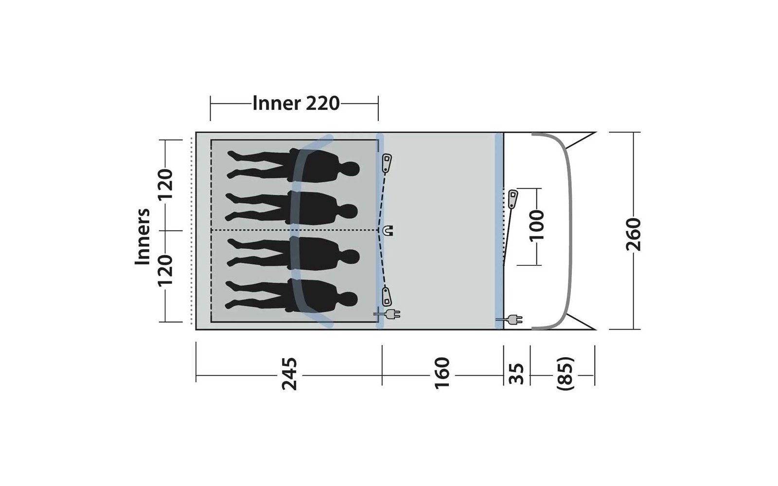 Top view of a vehicle cargo area with four lying human silhouettes and numeric dimension labels