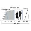 Side-view line drawing of a multi-section tent with numerical dimensions (130, 115, 160, 35, 440 (525); 200/Inner 190; 170/Inner 160; 90; (85)), angled support poles, a vertical zipper line, two black human silhouettes, one smaller and positioned higher next to the larger