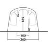 Front view of a tent with arched roof, two vertical zippers with sliders, two rectangular side windows, ground line and dimension labels 185, 100, 260