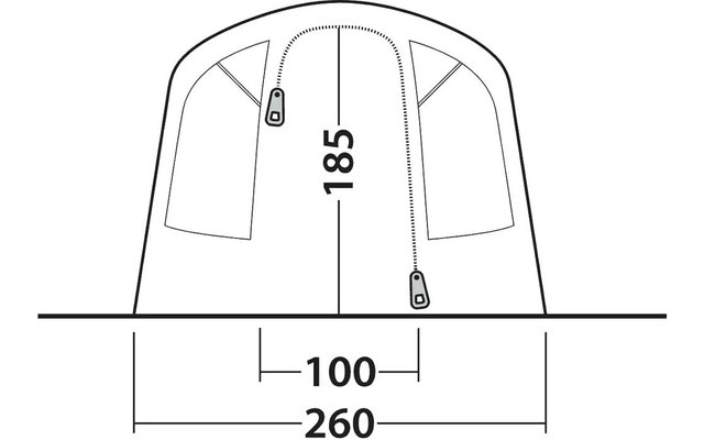 Front view of a tent with arched roof, two vertical zippers with sliders, two rectangular side windows, ground line and dimension labels 185, 100, 260