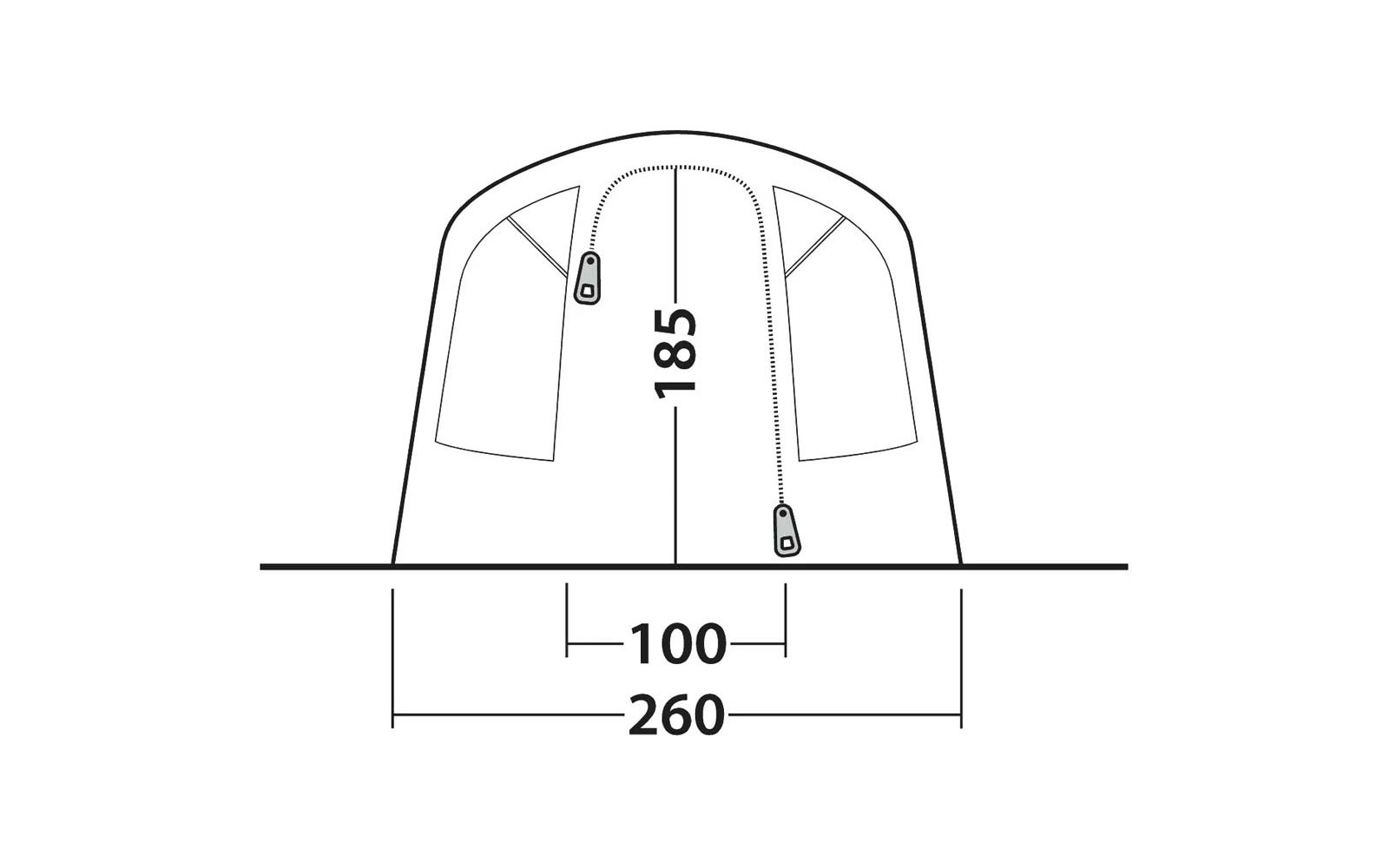 Front view of a tent with arched roof, two vertical zippers with sliders, two rectangular side windows, ground line and dimension labels 185, 100, 260