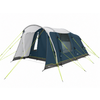 Dark blue and gray tent with a gray roof, open entrance on the left, rectangular mesh window on the right, neon yellow guy lines on a white background