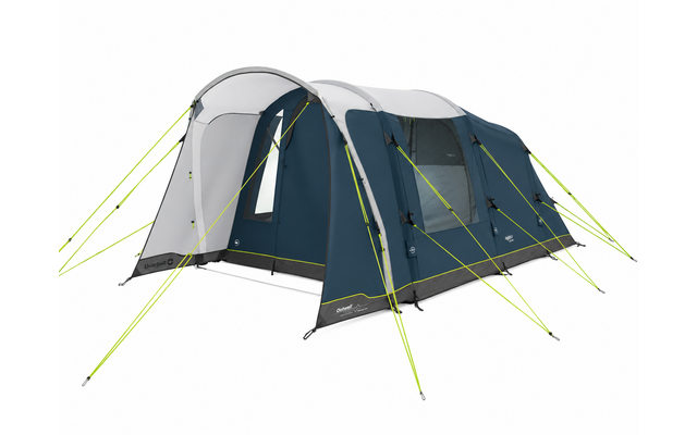 Dark blue and gray tent with a gray roof, open entrance on the left, rectangular mesh window on the right, neon yellow guy lines on a white background