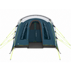 Front view of a blue tent with an open entrance, two side windows, a gray rainfly, neon yellow guy lines, and a black floor