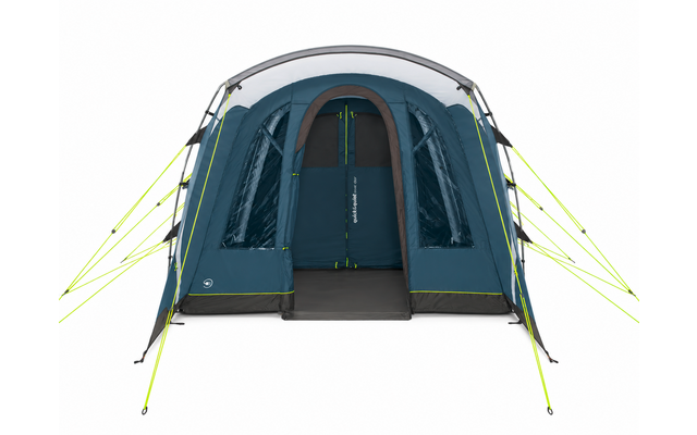 Front view of a blue tent with an open entrance, two side windows, a gray rainfly, neon yellow guy lines, and a black floor
