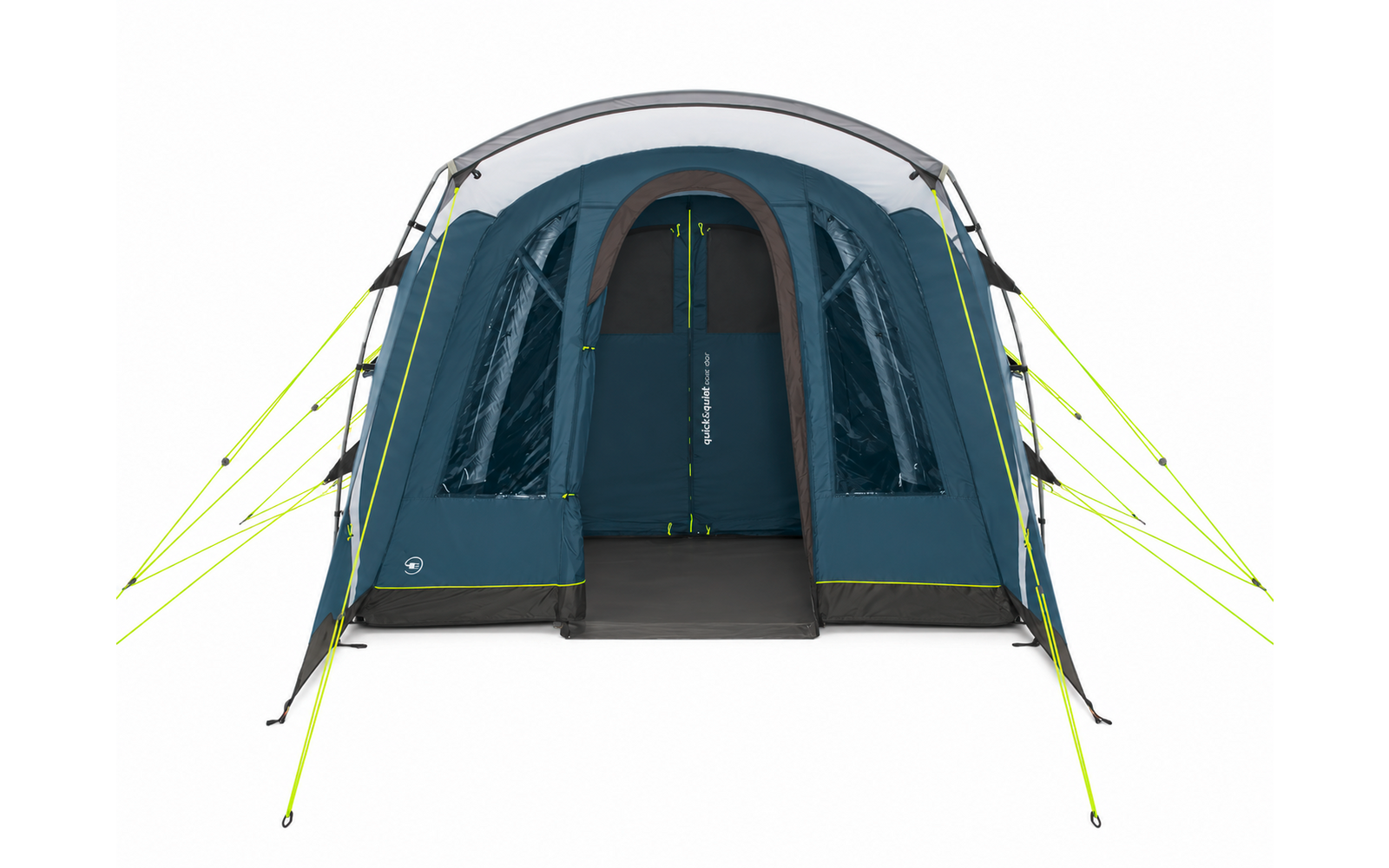 Front view of a blue tent with an open entrance, two side windows, a gray rainfly, neon yellow guy lines, and a black floor